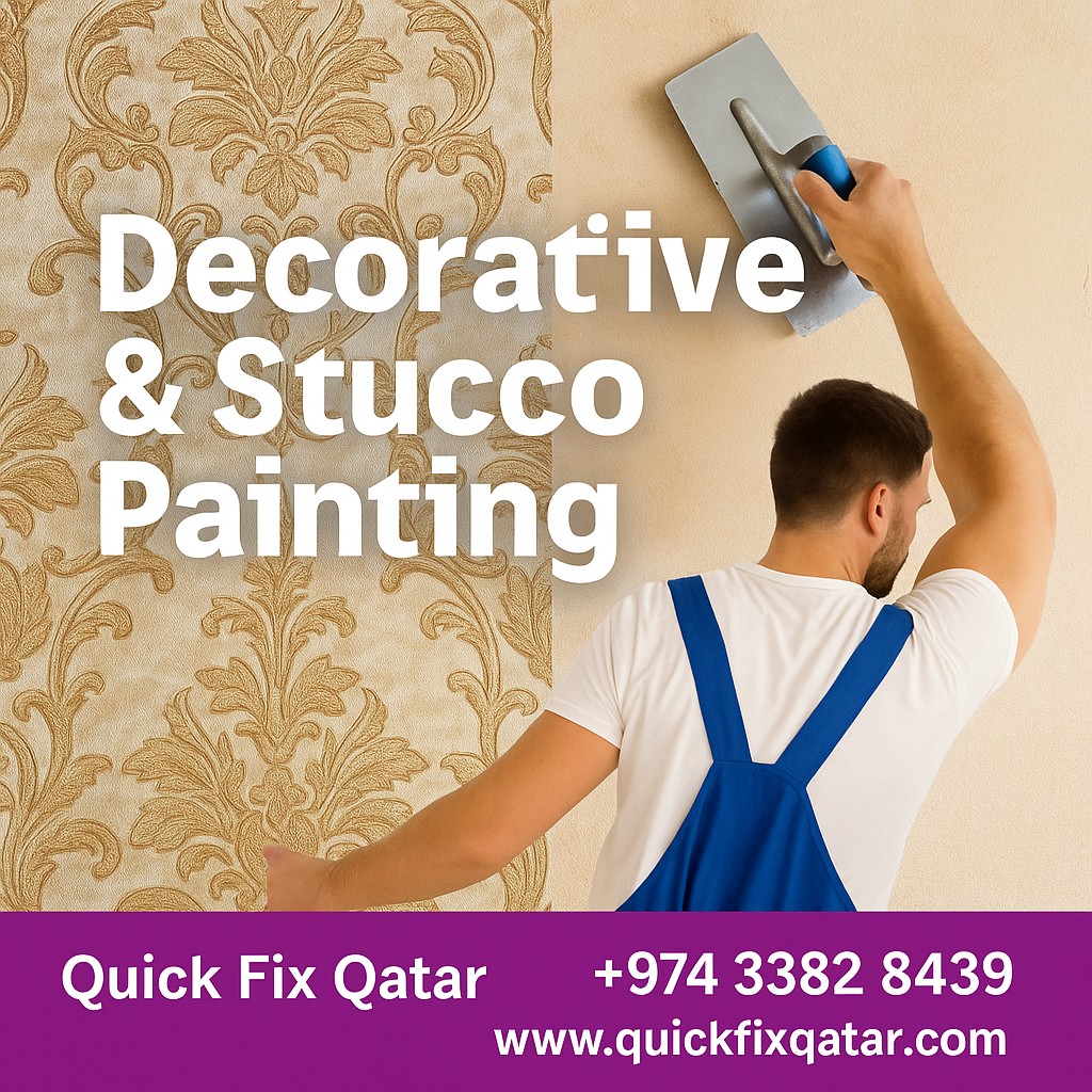 Professional painters in Qatar applying decorative and stucco finishes on walls, showcasing gypsum design and texture work by Quick Fix Qatar.