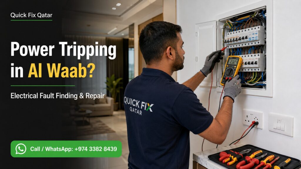 Electrician diagnosing power tripping and electrical fault in Al Waab Doha