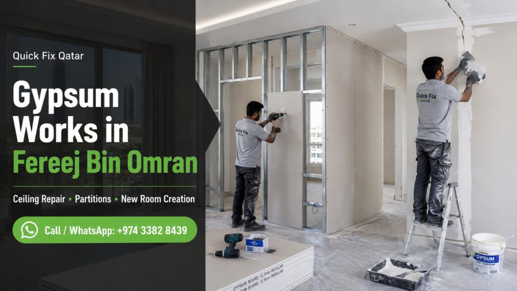 Gypsum ceiling repair and partition room construction in Fereej Bin Omran Doha
