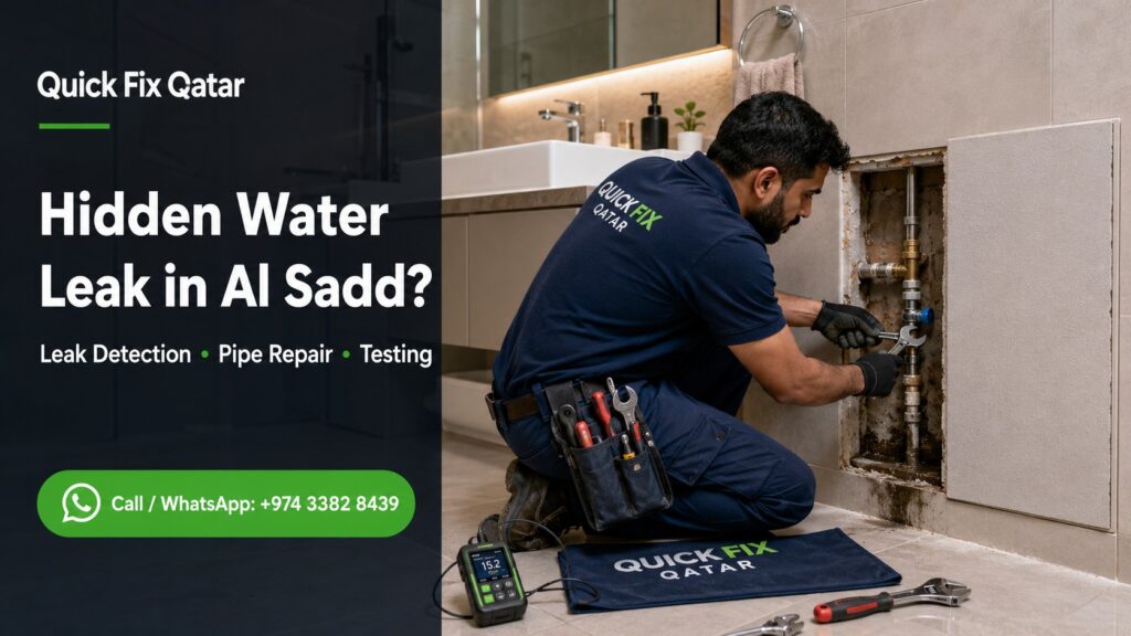 Plumber detecting and repairing a hidden water leak in Al Sadd Doha