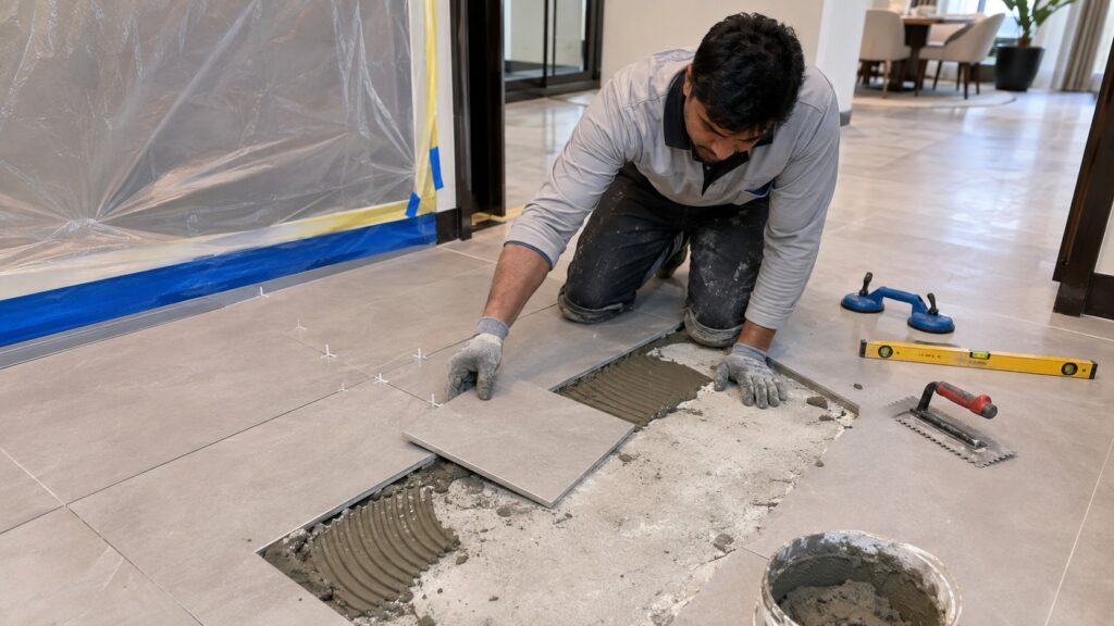 Technician repairing loose and cracked floor tiles in Al Mansoura Doha